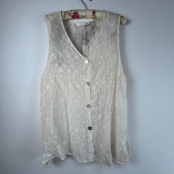 Christy Allen Womens Top Large Ivory Blouse Sleeveless Embroidered Floral NWT - Picture 1 of 10